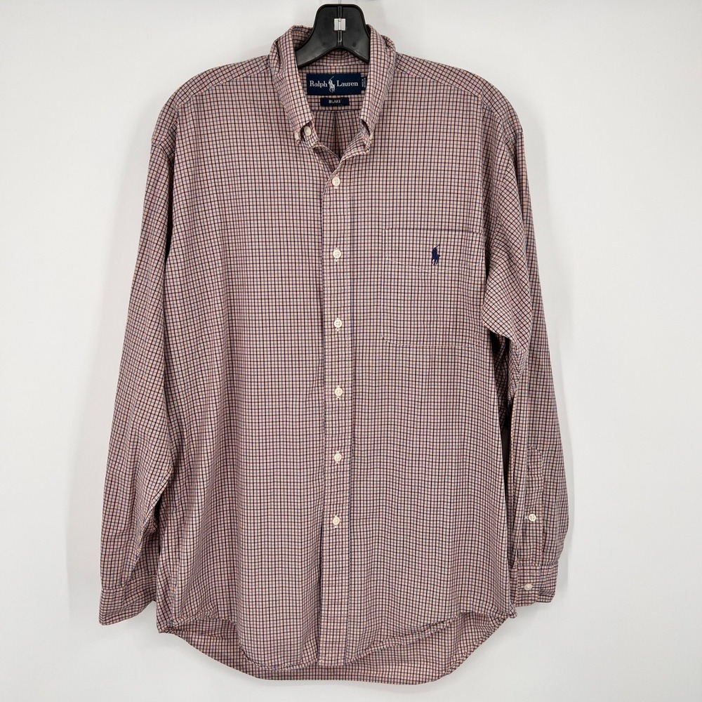 Ralph Lauren Blake Mens Small Orange Blue Gingham Check Button Down Shirt Cotton